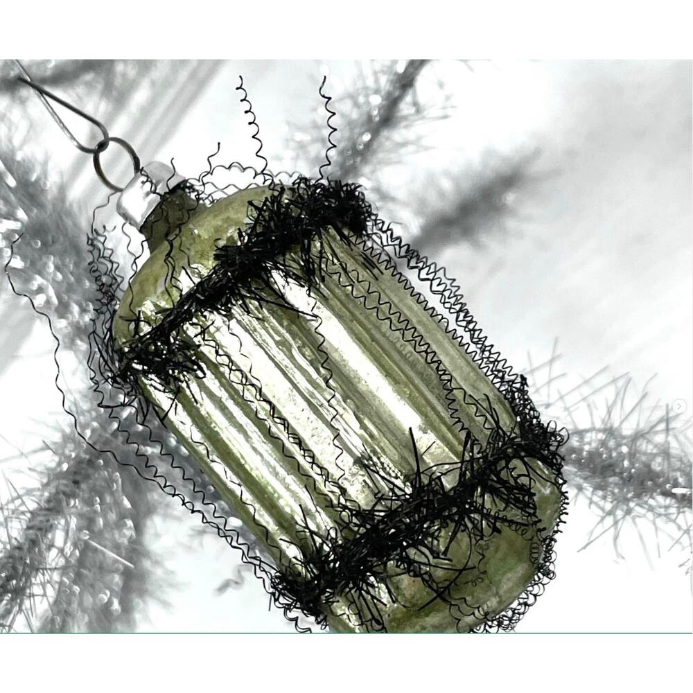 Antique West Germany Glass Ribbed Ornament Crinkle Wire Barrel Lantern